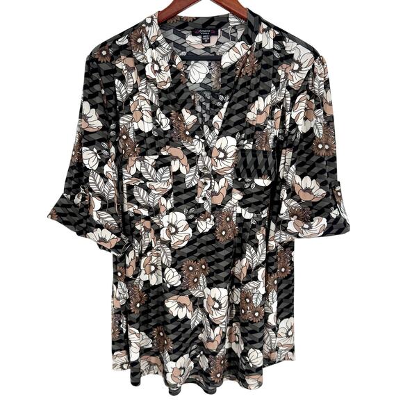 Cocomo Woman Plus Size 2X Super Stretchy Black Blouse Shirt Top Floral Artsy - Picture 1 of 9